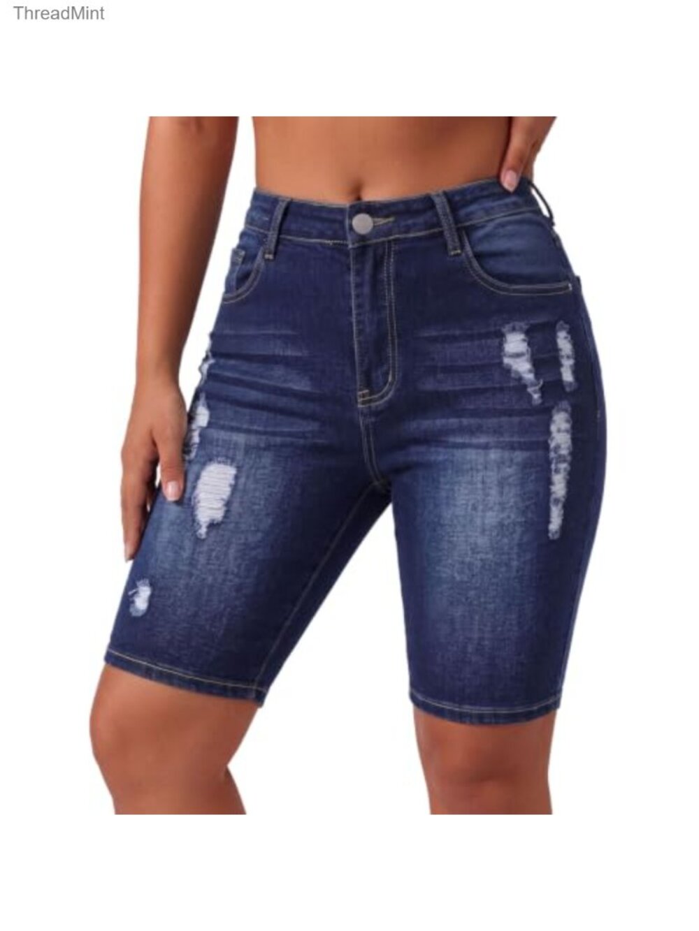 Women's High Waisted Ripped Bermuda Shorts Stretchy Denim Knee Length